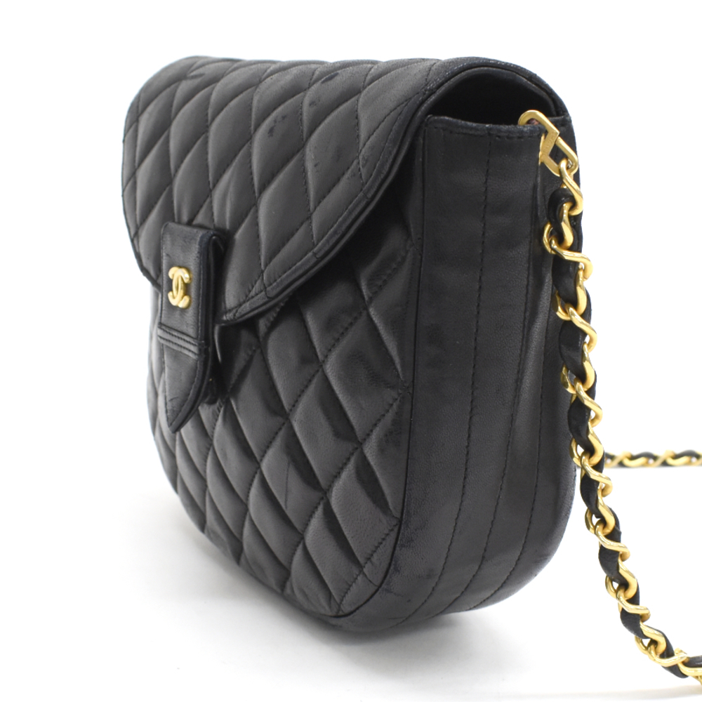 Chanel Chain Flap Black Matelasse Moon Lambskin Bag CocoMark Half